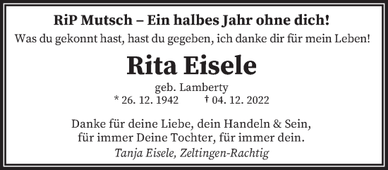 Traueranzeige von Rita Eisele von trierischer_volksfreund