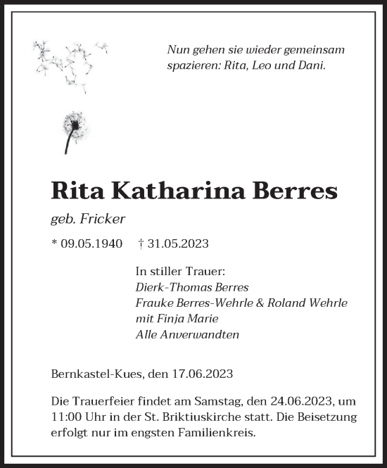 Traueranzeige von Rita Katharina Berres von trierischer_volksfreund