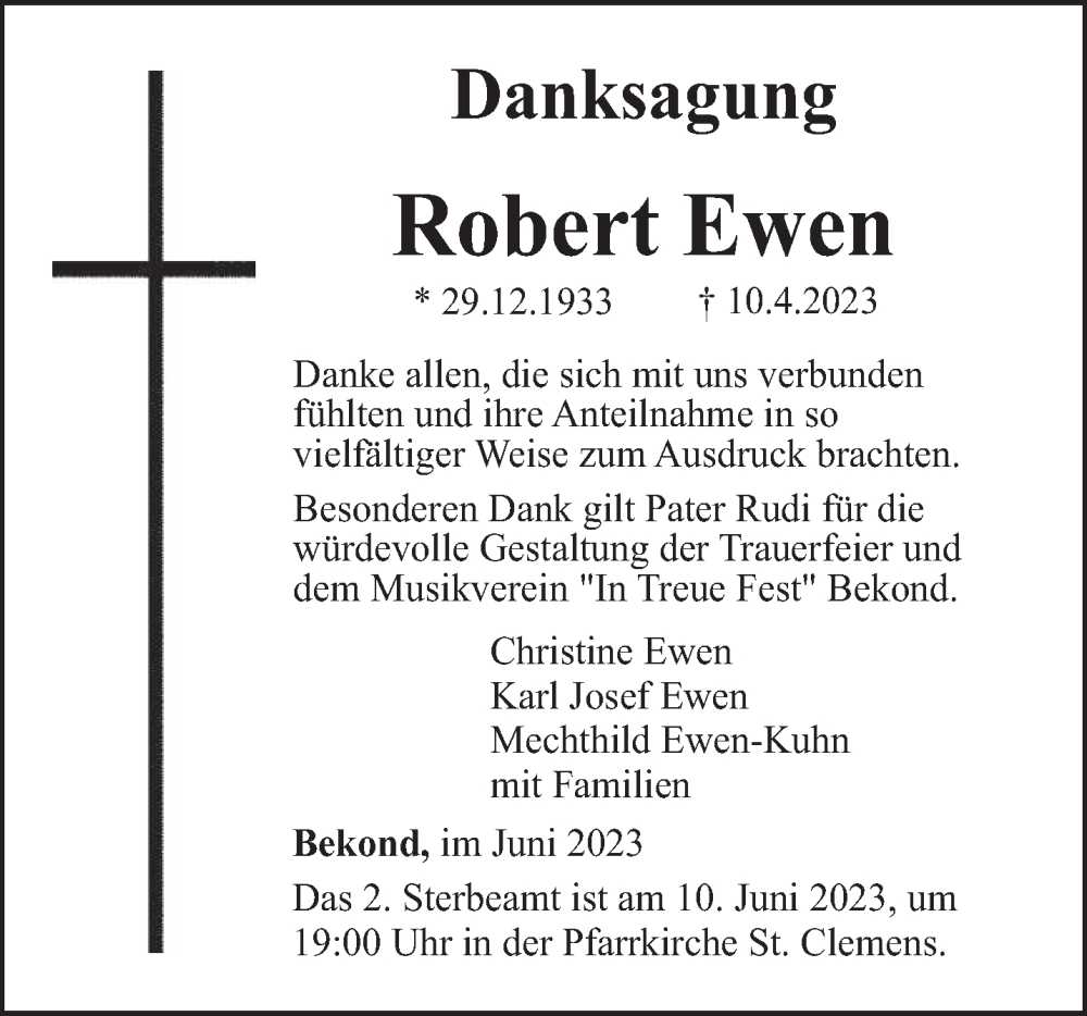  Traueranzeige für Robert Ewen vom 03.06.2023 aus trierischer_volksfreund