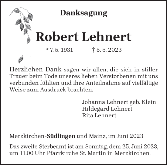 Traueranzeige von Robert Lehnert von trierischer_volksfreund