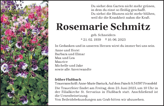 Traueranzeige von Rosemarie Schmitz von trierischer_volksfreund