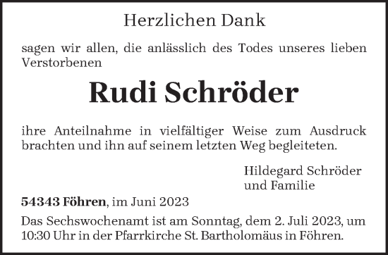 Traueranzeige von Rudi Schröder von trierischer_volksfreund