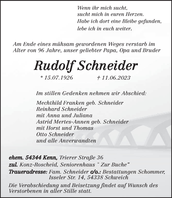 Traueranzeige von Rudolf Schneider von trierischer_volksfreund