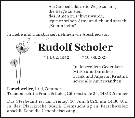 Traueranzeige von Rudolf Scholer von trierischer_volksfreund