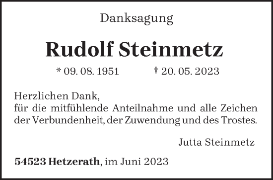 Traueranzeige von Rudolf Steinmetz von trierischer_volksfreund