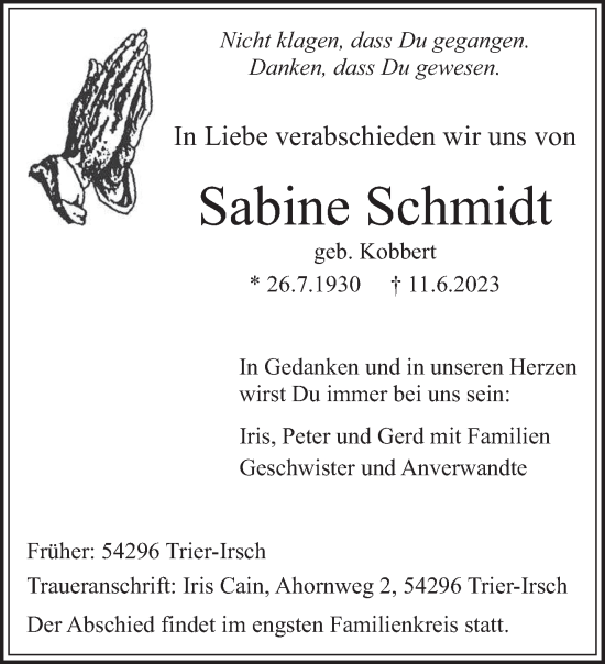 Traueranzeige von Sabine Schmidt von trierischer_volksfreund