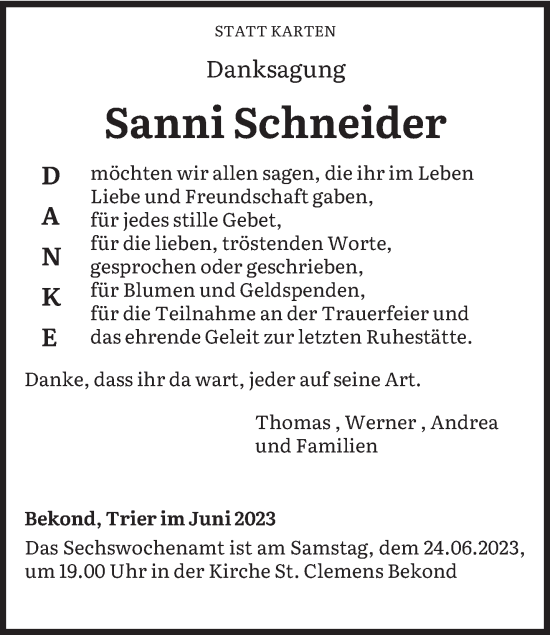 Traueranzeige von Sanni Schneider von trierischer_volksfreund