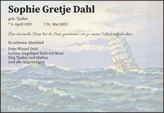 Traueranzeige von Sophie Gretje Dahl von trierischer_volksfreund