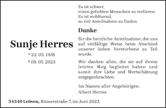 Traueranzeige von Sunje Herres von trierischer_volksfreund
