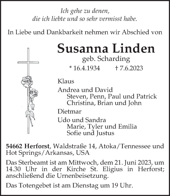 Traueranzeige von Susanna Linden von trierischer_volksfreund