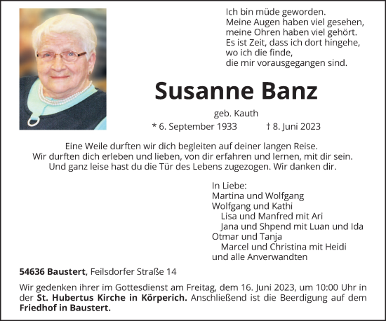 Traueranzeige von Susanne Banz von trierischer_volksfreund