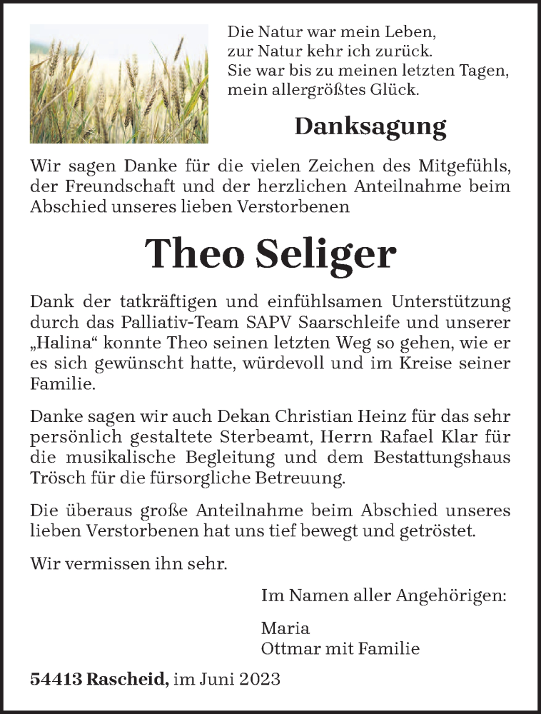  Traueranzeige für Theo Seliger vom 10.06.2023 aus trierischer_volksfreund