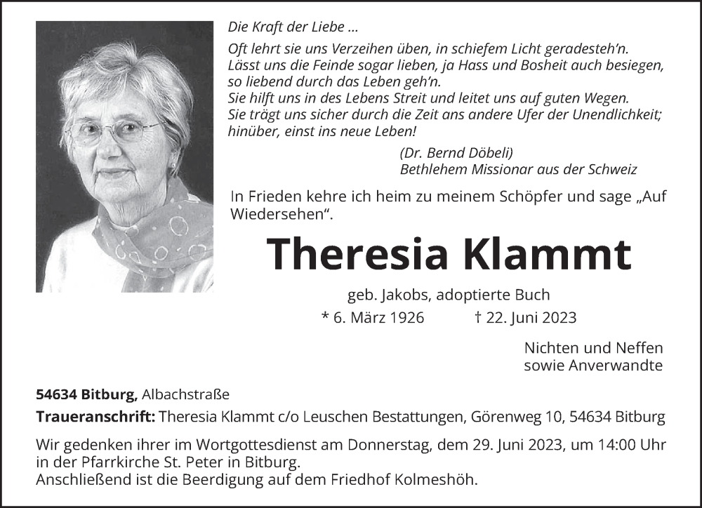  Traueranzeige für Theresia Klammt vom 26.06.2023 aus trierischer_volksfreund