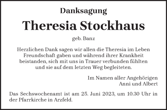 Traueranzeige von Theresia Stockhaus von trierischer_volksfreund