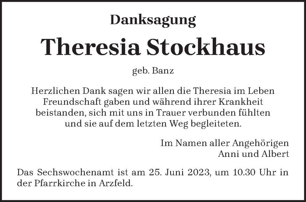  Traueranzeige für Theresia Stockhaus vom 17.06.2023 aus trierischer_volksfreund