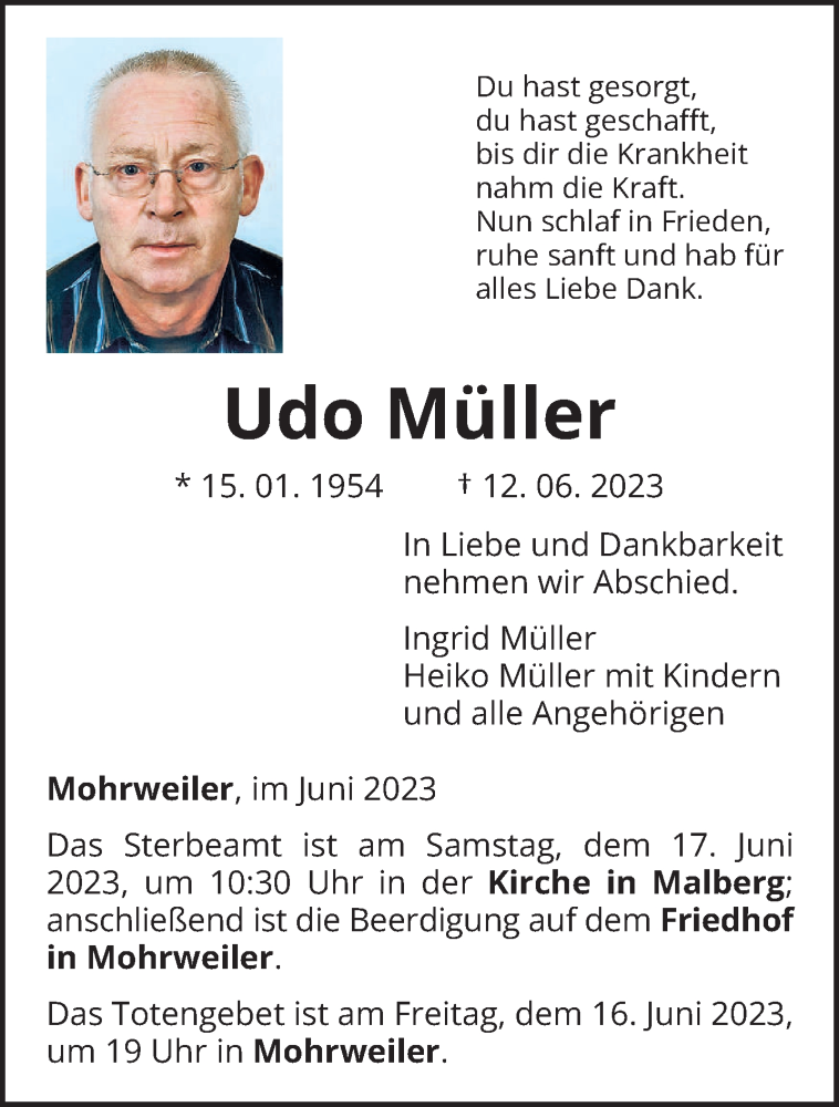  Traueranzeige für Udo Müller vom 15.06.2023 aus trierischer_volksfreund