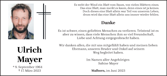 Traueranzeige von Ulrich Mayer von trierischer_volksfreund