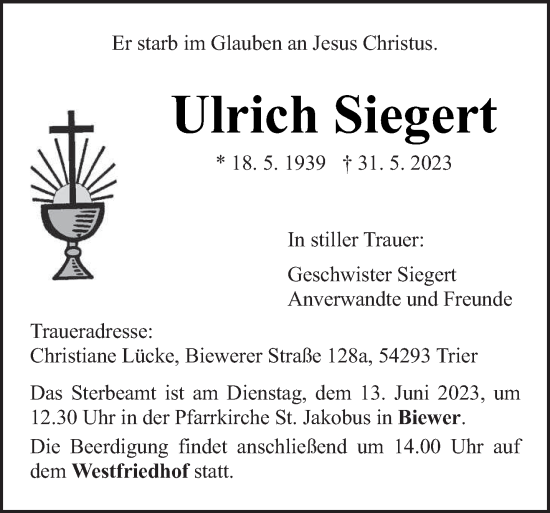Traueranzeige von Ulrich Siegert von trierischer_volksfreund