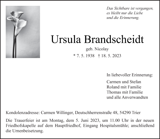Traueranzeige von Ursula Brandscheidt von trierischer_volksfreund