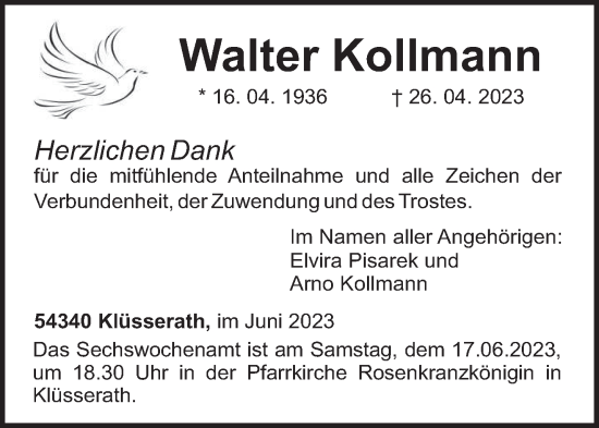 Traueranzeige von Walter Kollmann von trierischer_volksfreund