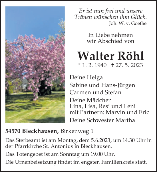 Traueranzeige von Walter Röhl von trierischer_volksfreund