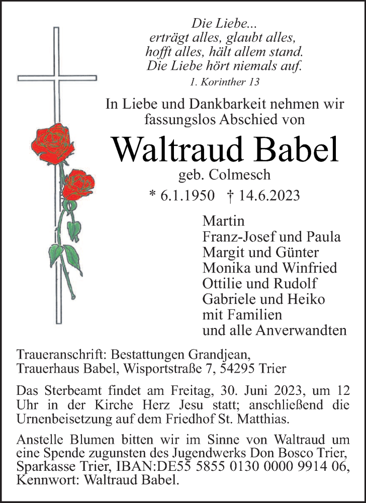  Traueranzeige für Waltraud Babel vom 24.06.2023 aus trierischer_volksfreund
