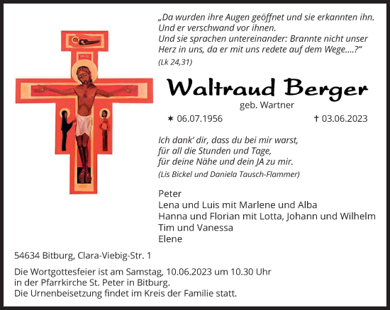 Traueranzeige von Waltraud Berger von trierischer_volksfreund