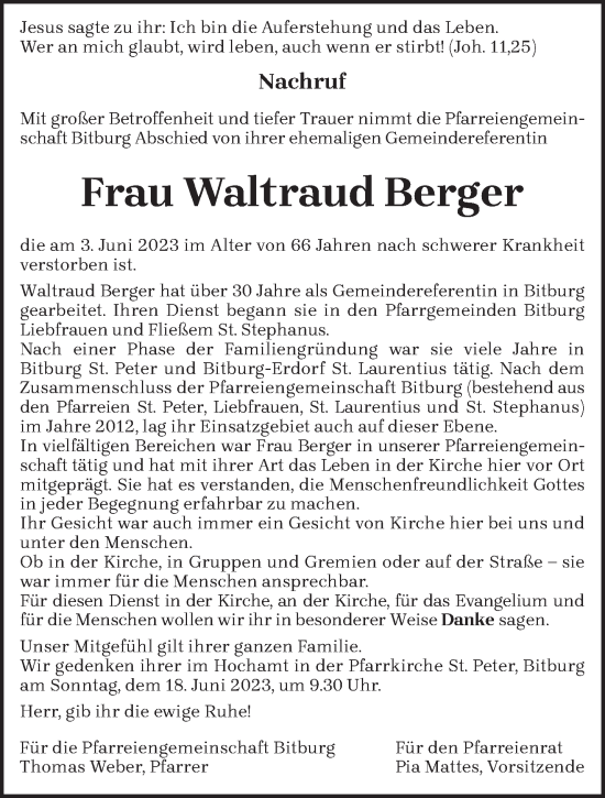 Traueranzeige von Waltraud Berger von trierischer_volksfreund