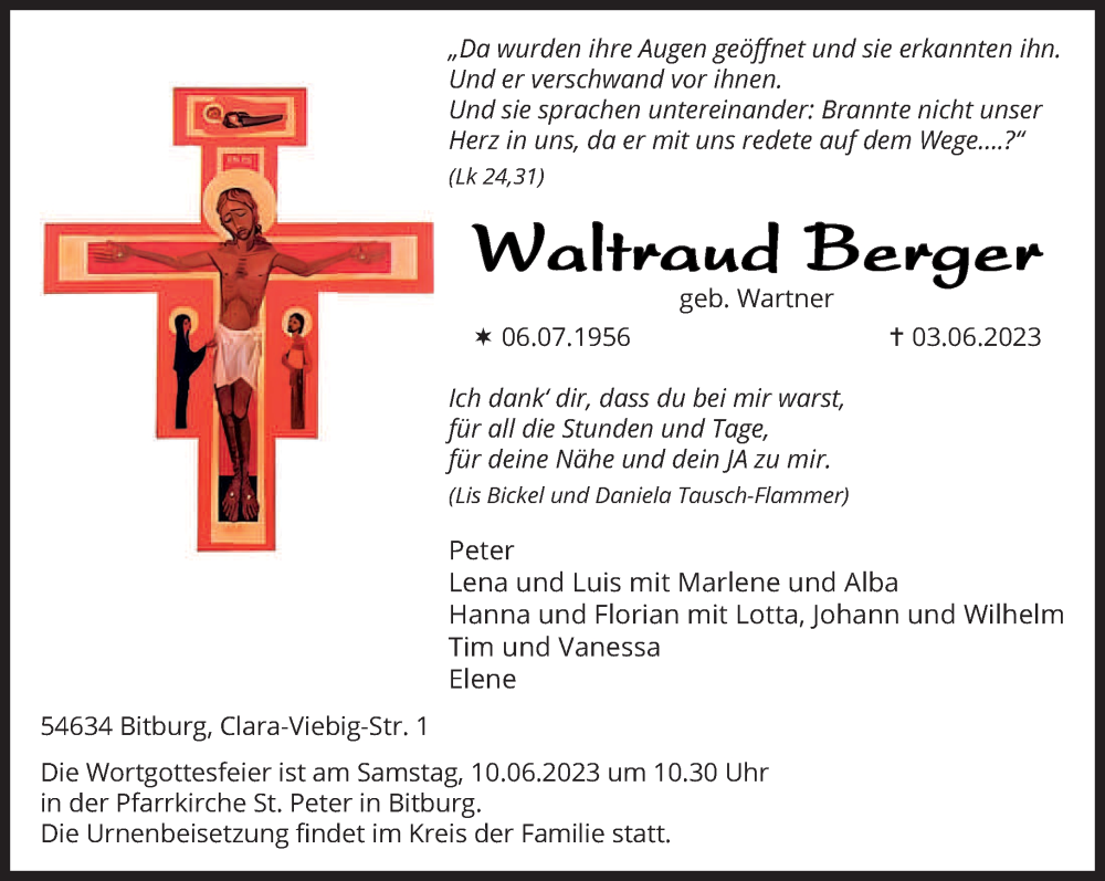  Traueranzeige für Waltraud Berger vom 07.06.2023 aus trierischer_volksfreund