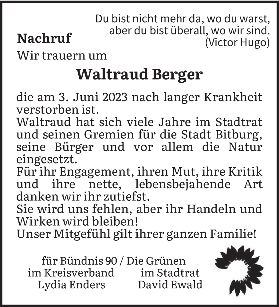  Traueranzeige für Waltraud Berger vom 14.06.2023 aus trierischer_volksfreund
