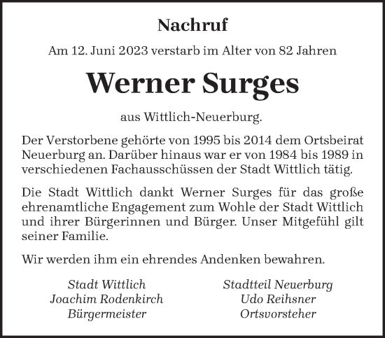 Traueranzeige von Werner Surges von trierischer_volksfreund
