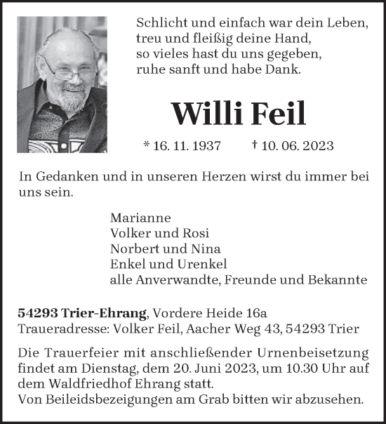 Traueranzeige von Willi Feil von trierischer_volksfreund