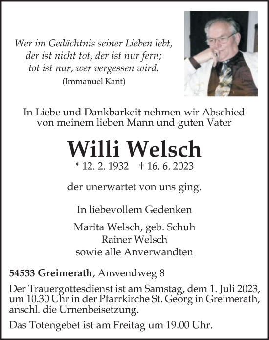 Traueranzeige von Willi Welsch von trierischer_volksfreund