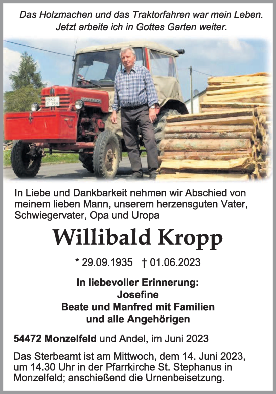 Traueranzeige von Willibald Kropp von trierischer_volksfreund
