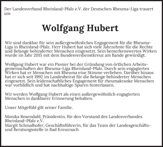 Traueranzeige von Wolfgang Hubert von trierischer_volksfreund