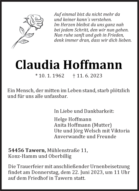 Traueranzeige von Claudia Hoffmann von TRIERISCHER_VOLKSFREUND