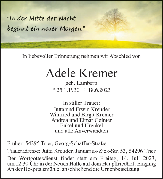 Traueranzeige von Adele Kremer von trierischer_volksfreund