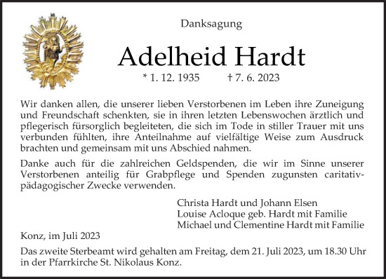 Traueranzeige von Adelheid Hardt von trierischer_volksfreund