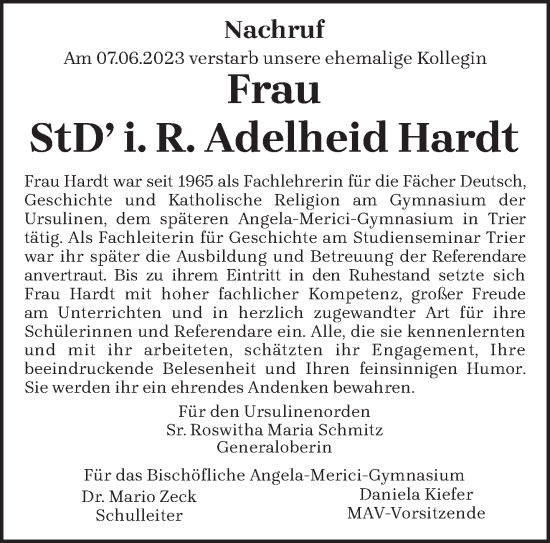 Traueranzeige von Adelheid Hardt von trierischer_volksfreund