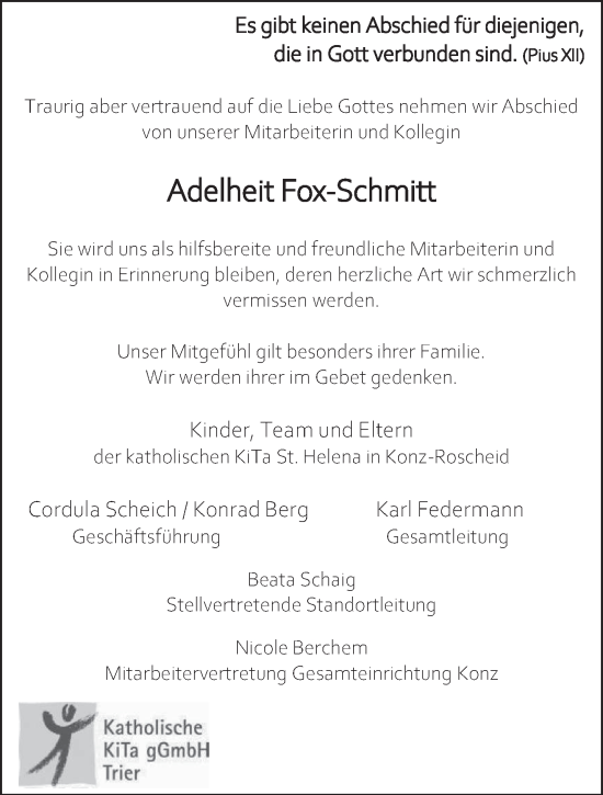 Traueranzeige von Adelheit Fox-Schmitt von trierischer_volksfreund