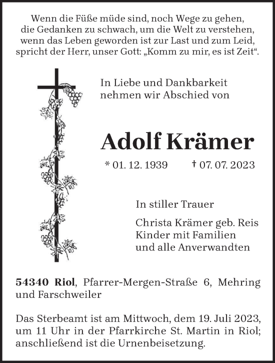 Traueranzeige von Adolf Krämer von trierischer_volksfreund