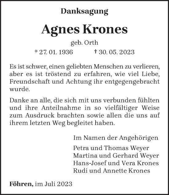 Traueranzeige von Agnes Krones von trierischer_volksfreund