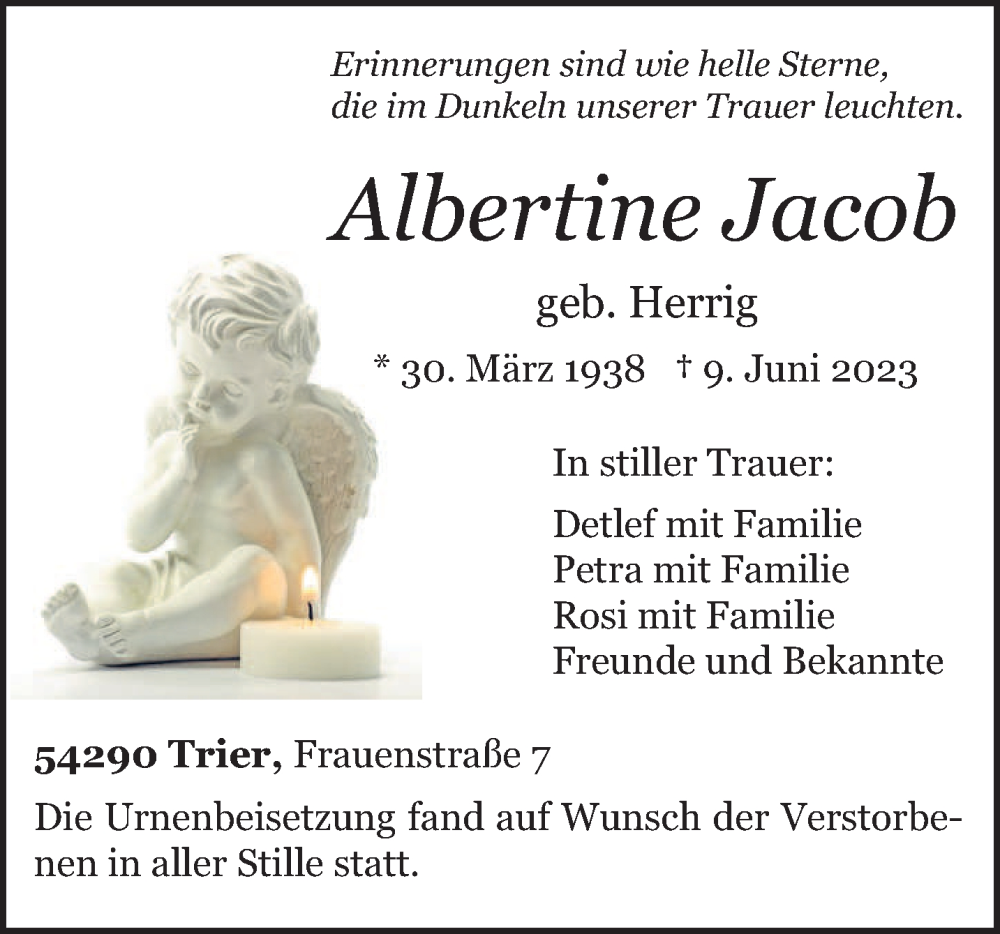  Traueranzeige für Albertine Jacob vom 01.07.2023 aus trierischer_volksfreund