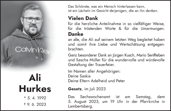 Traueranzeige von Ali Hurkes von trierischer_volksfreund