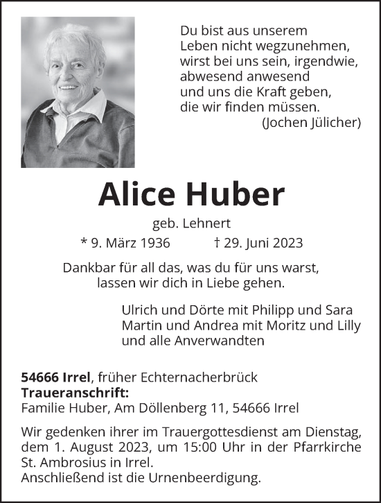 Traueranzeige von Alice Huber von trierischer_volksfreund