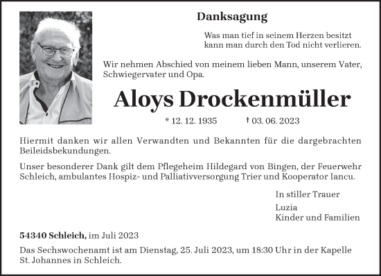 Traueranzeige von Aloys Drockenmüller von trierischer_volksfreund