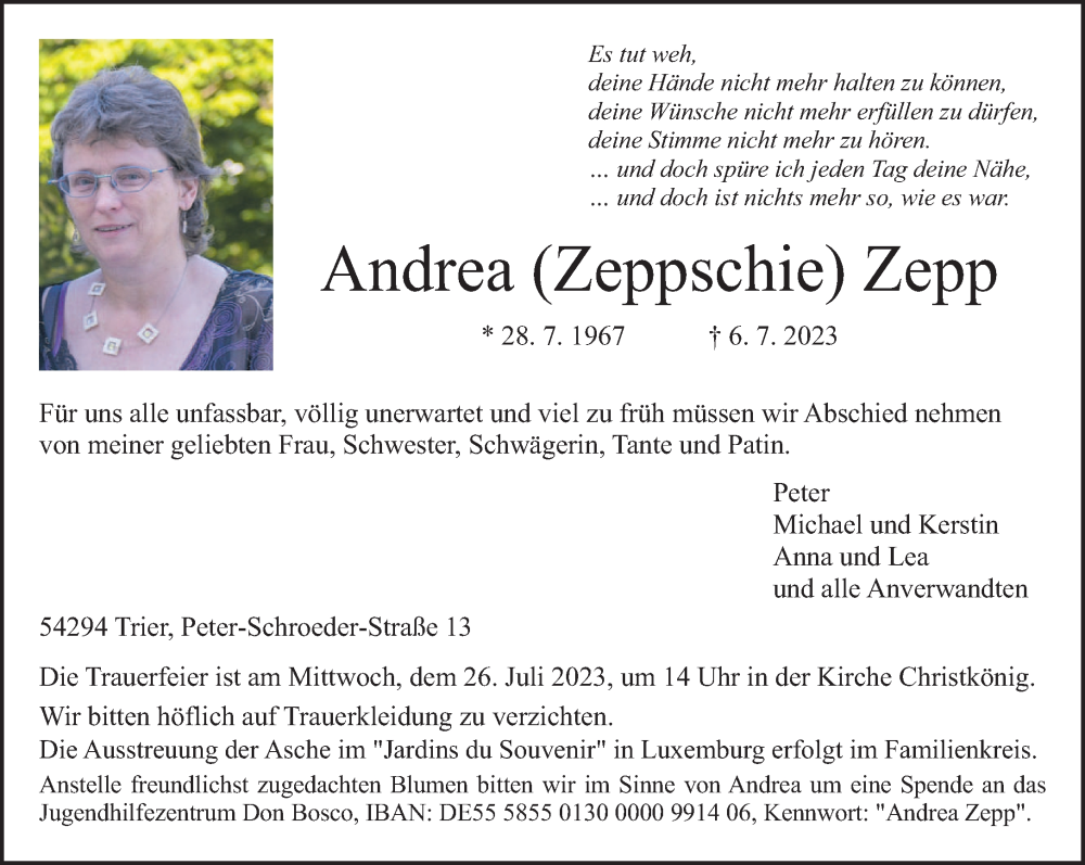  Traueranzeige für Andrea Zepp vom 22.07.2023 aus trierischer_volksfreund