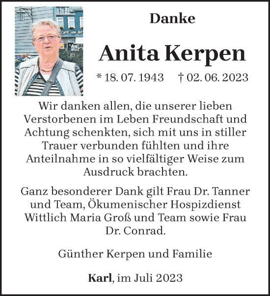 Traueranzeige von Anita Kerpen von trierischer_volksfreund