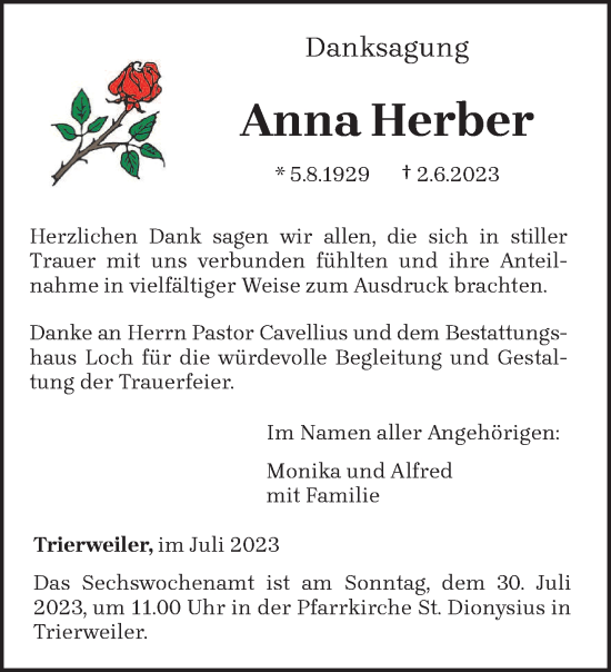 Traueranzeige von Anna Herber von trierischer_volksfreund
