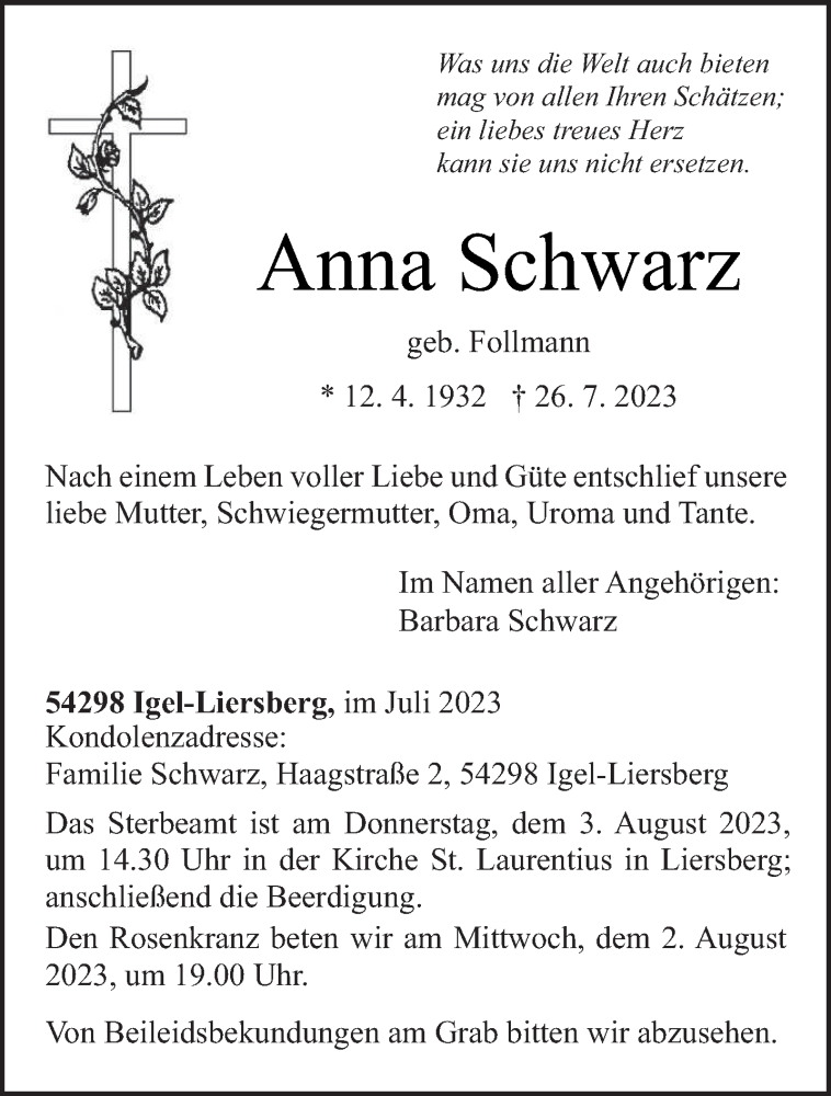  Traueranzeige für Anna Schwarz vom 29.07.2023 aus trierischer_volksfreund